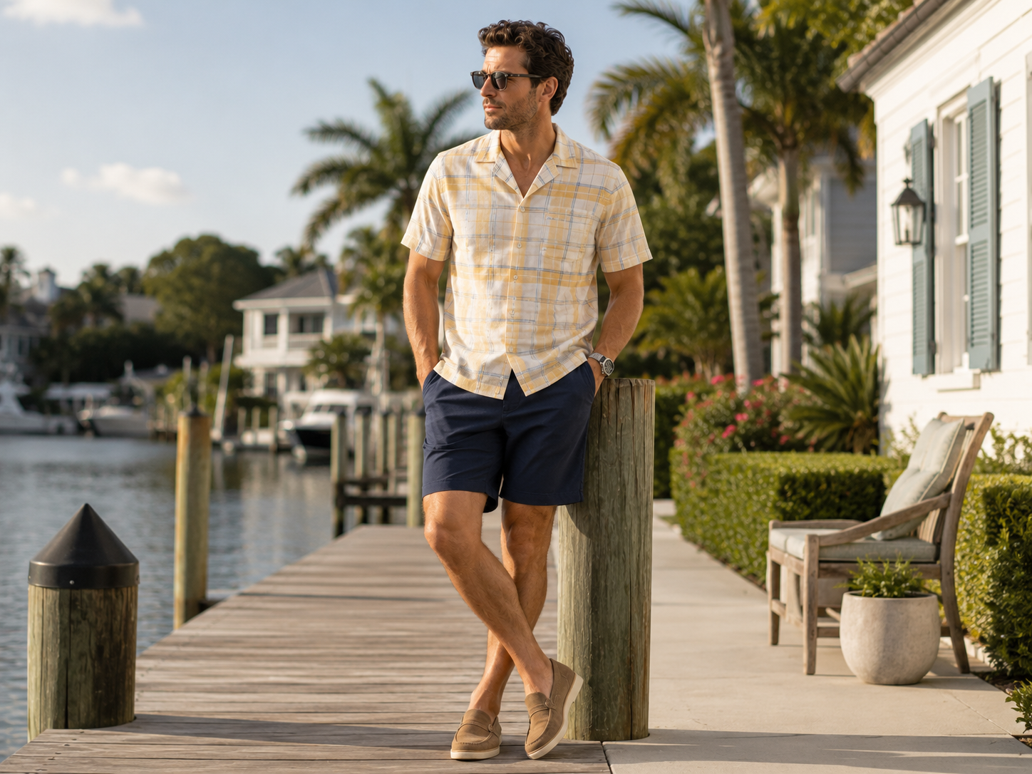 Casual look with navy shorts, yellow camp shirt, and woven slip-on shoes